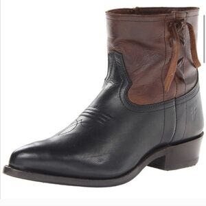 Frye Billy Cross Stitch Short Cowboy Western Heeled Booties Black/Brown 7 1/2 B